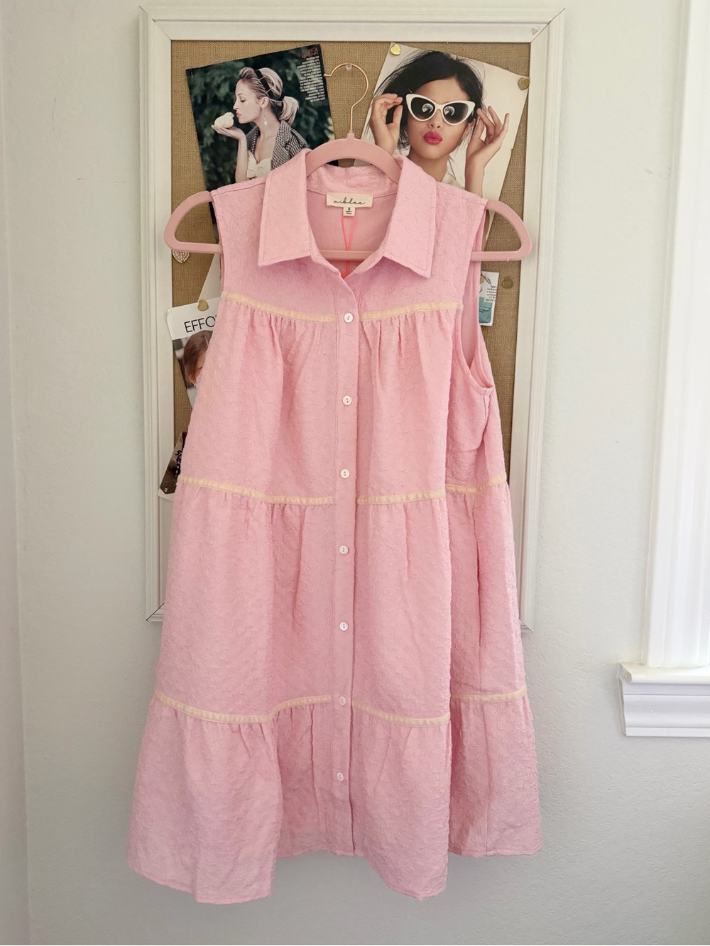Sleeveless Pink Tiered Button-Front Dress